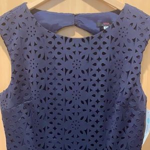 Navy, lined laser cut dress from Stitch Fix.